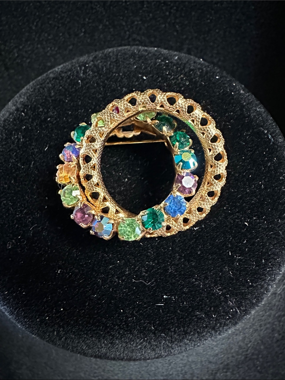 Vintage Gold-Tone Multicolor Crystal Double Wreath Circle Brooch